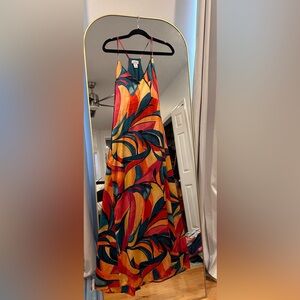 Nicole Miller Satin Abstract Maxi Dress Size L with POCKETS and shelf bra.